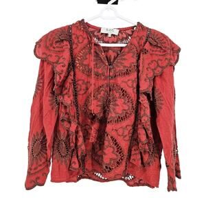 Sea New York Peasant Blouse Red Floral Eyelet Embroidered Ruffle Frill Tassel 2